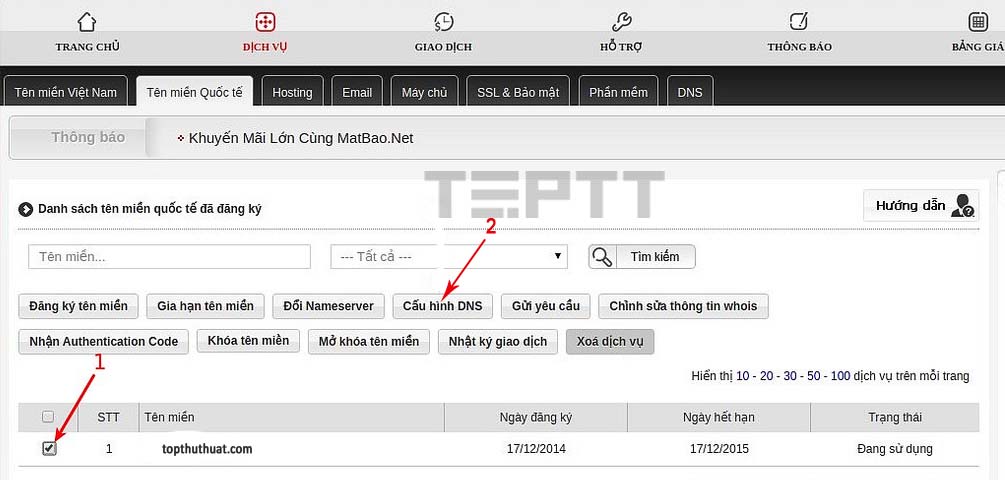 Chọn domain cần trỏ về host sau đó chọn thẻ Cấu hình DNS