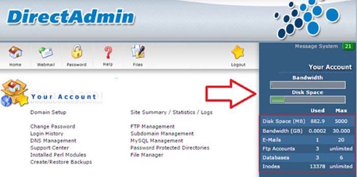 Cách kiểm tra dung lượng Hosting của Website bằng DirectAdmin