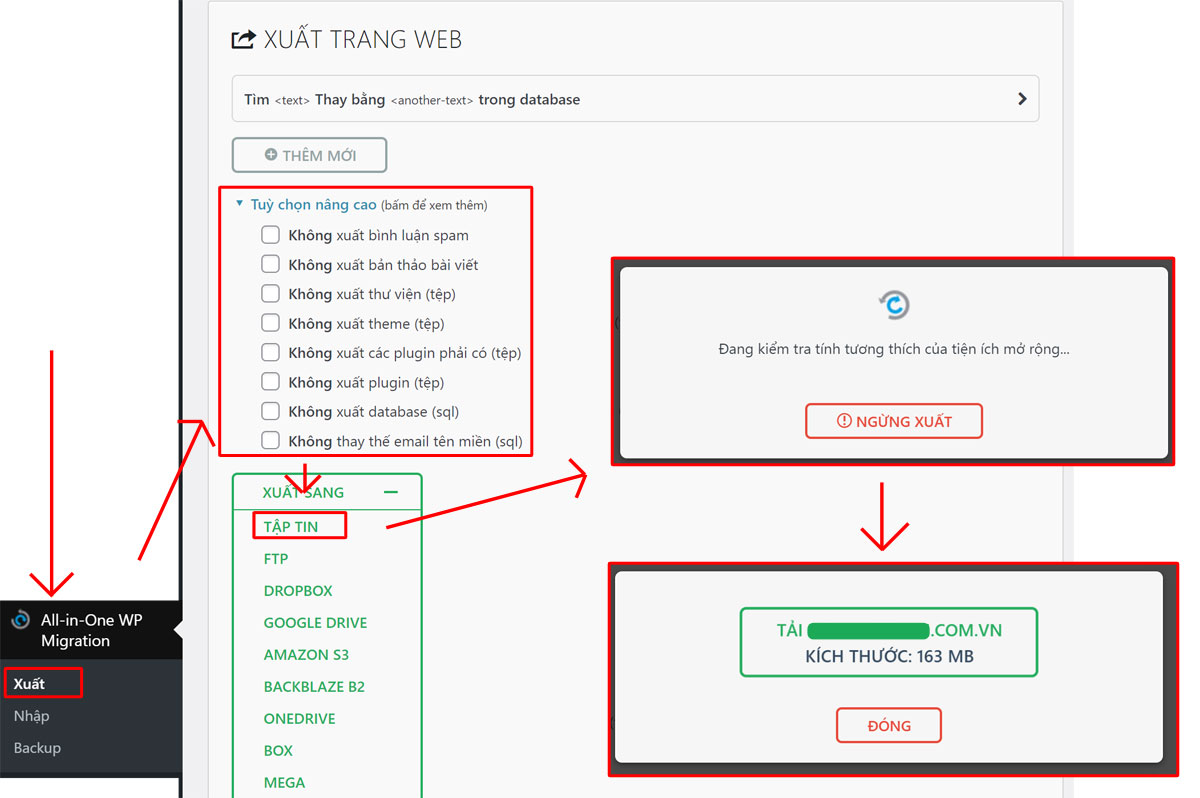 Sử dụng All in One Migration để kiểm tra web nặng bao nhiêu Gb
