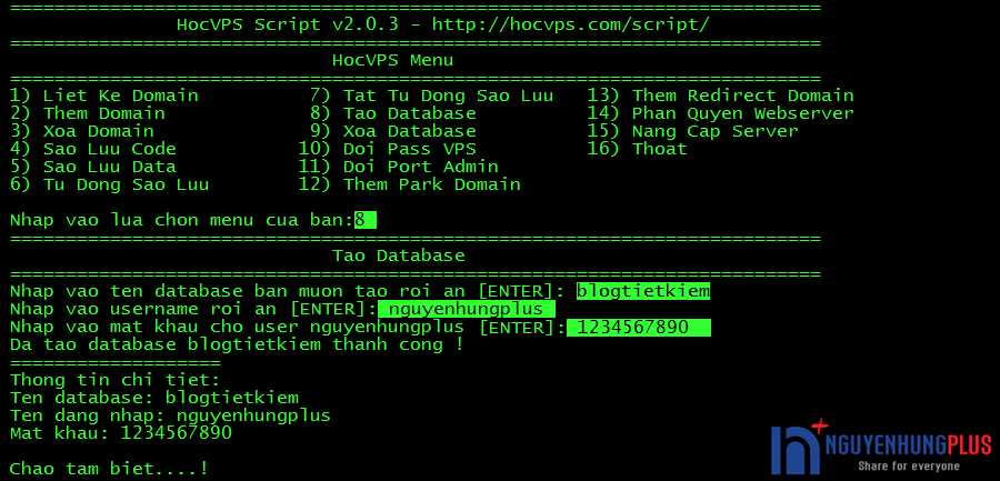 Tạo database mới