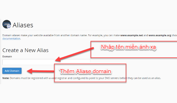 Nhập Địa Chỉ Tên Miền Hợp Lệ Vào Ô Để Tiến Hành Alias Domain