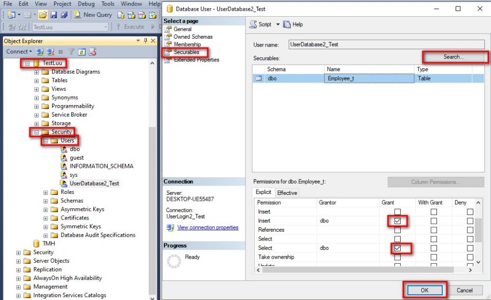 Thiết lập các phân quyền cho tài khoản DataBase