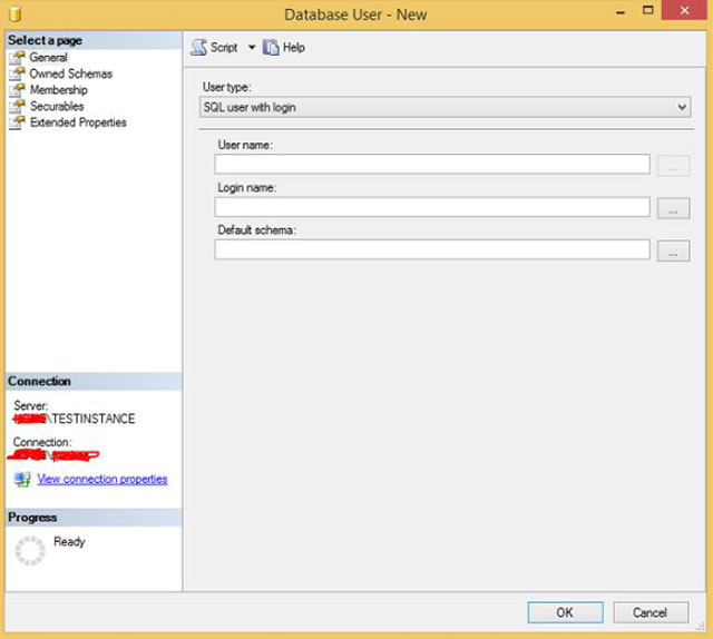 Giao diện tạo người dùng mới cho Management Studio SSMS
