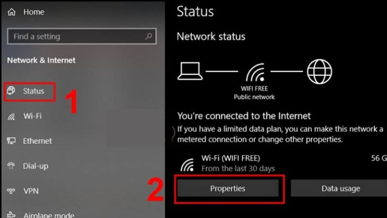 Tùy chọn Properties ở mục Status