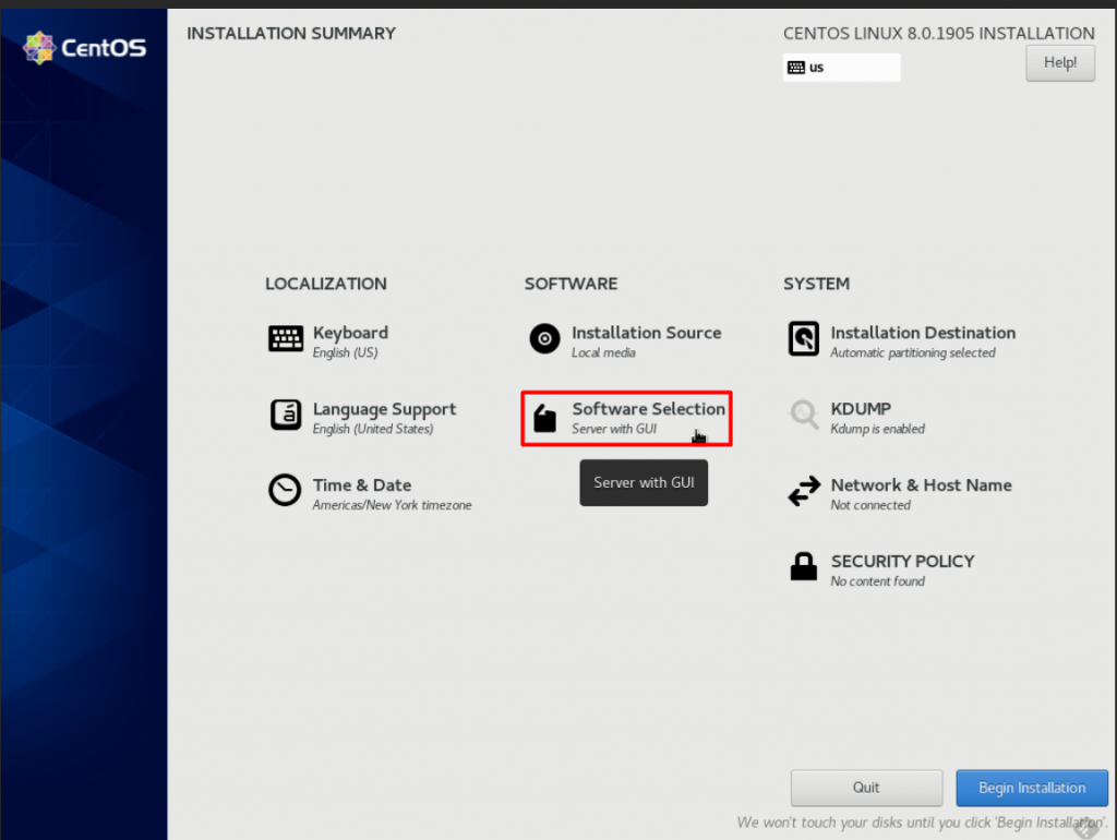 Chọn chế độ không dùng GUI ở mục Software Selection