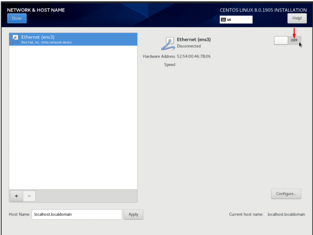 Chọn nút OFF ở giao diện hostname và IP