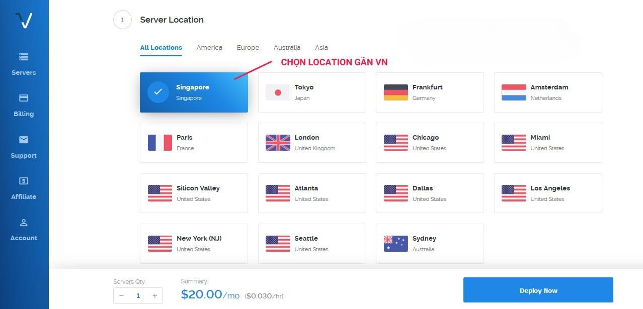 Bước 3 Chọn nơi đặt máy chủ