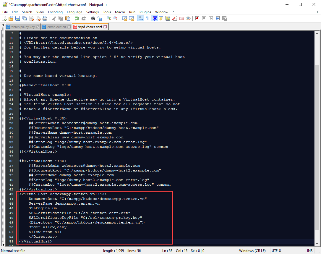 Mở file httpd-vhosts.conf và cấu hình tương tự