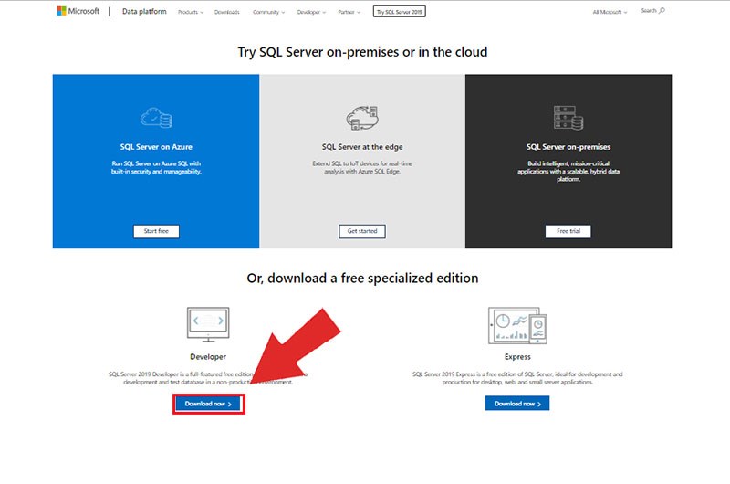 Bước 1 các bước tải, cài đặt SQL Server 2019