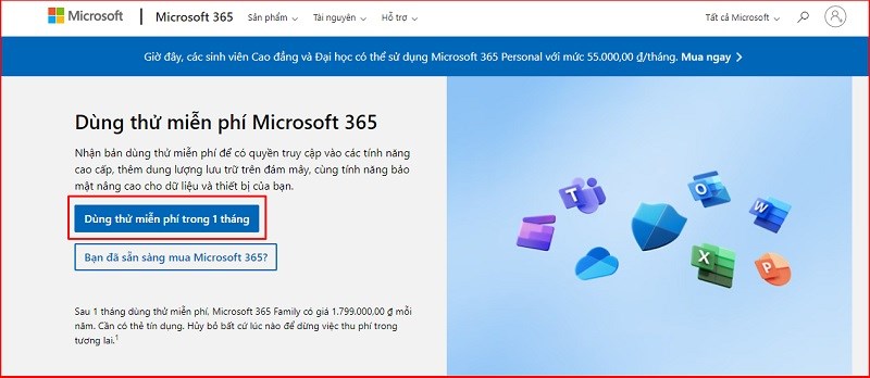 Click vào "Dùng thử miễn phí trong 1 tháng"
