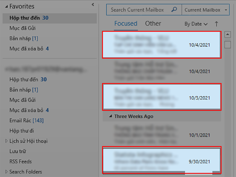 Với những email rời nhau thì giữ phím Ctrl và nhấn chọn email cần lưu