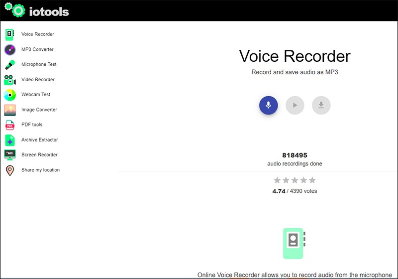 Giao diện Exstension online voice recorder