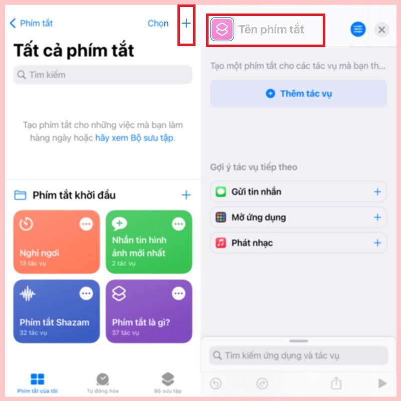 Nhấn vào dấu cộng tạo một phím tắt mới và đặt tên cho phím tắt đó