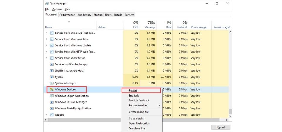 Bước 2 cách khởi động lại Windows Explorer