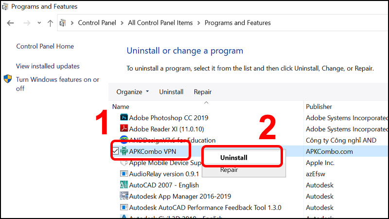 Tiếp tục nhấn vào chuột phải rồi chọn Uninstall