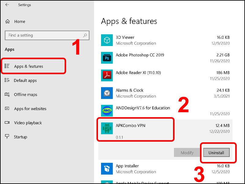 Trong tab App & features bạn nhấn vào App muốn gỡ sau đó chọn Uninstall