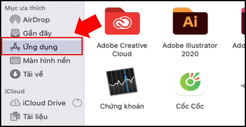 Vào Finder chọn mục Ứng dụng 