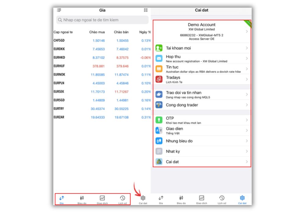 Giao diện MetaTrader 5 trong phần cài đặt