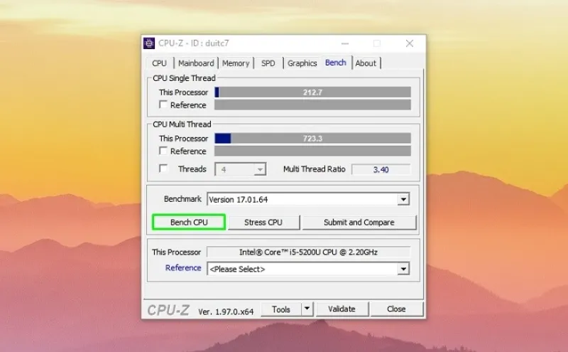 Giao diện và chức năng Benchmark của CPU-Z