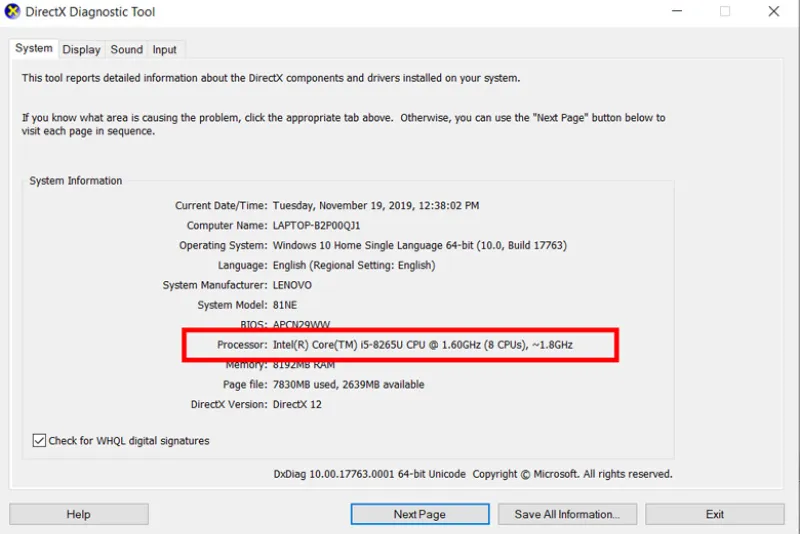 Xem thông tin CPU trong DirectX Diagnostic Tool