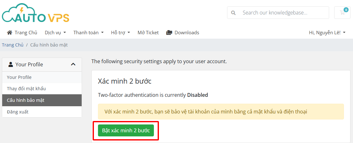 Chọn bật xác minh 2 bước