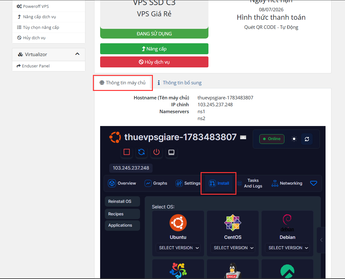Mở mục Install
