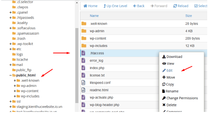 Mở file .htaccess nằm trong thư mục gốc