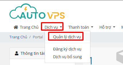 truy cập khu vực Quản lý Dịch vụ